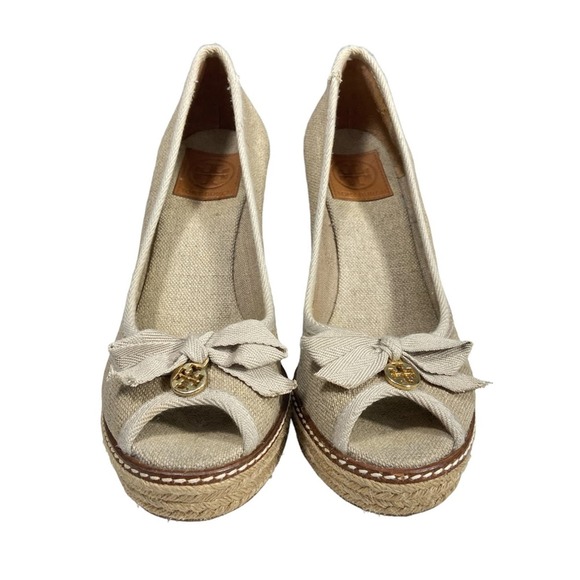 Tory Burch Jackie canvas peep toe wedge espadrille heels 9.5 M - Picture 5 of 14